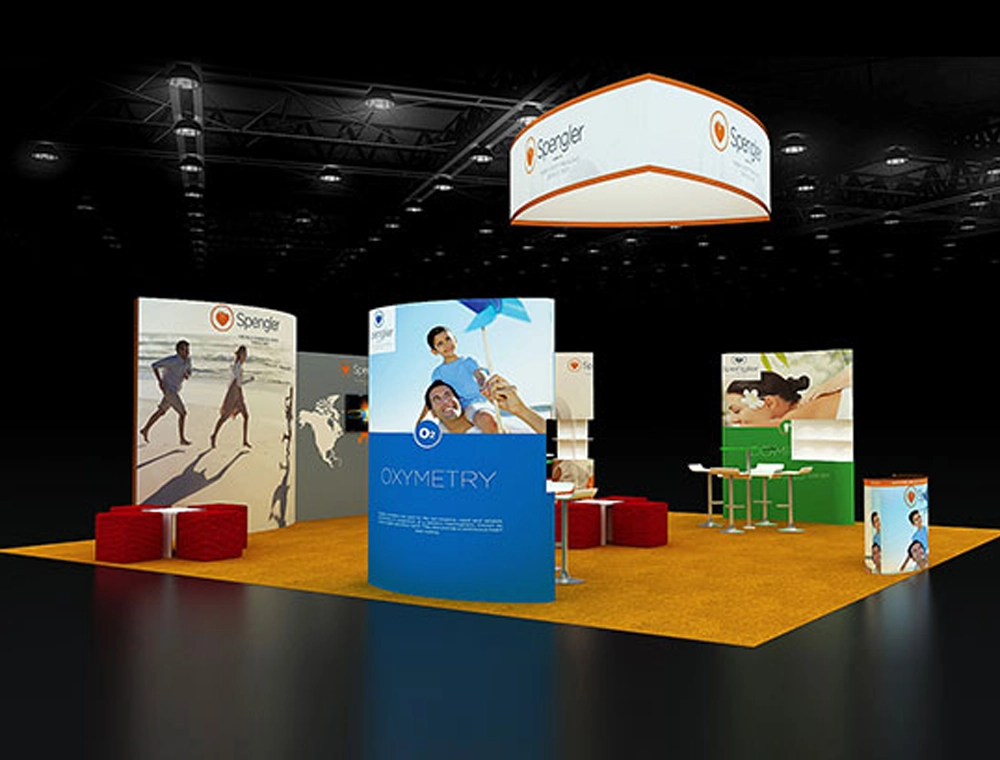 Trade show 30x30 booth with central demo station